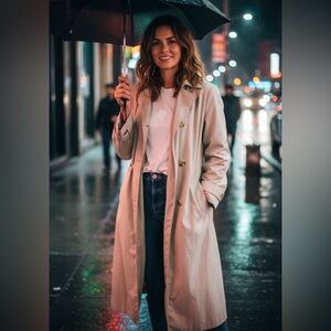 Vintage Large Khaki Trench Coat Jacket Midi Tie Belt Pockets Lightweight Spring